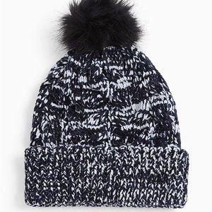 Torrid Hat Beanie Black Marled Knit Fur Pom Pom